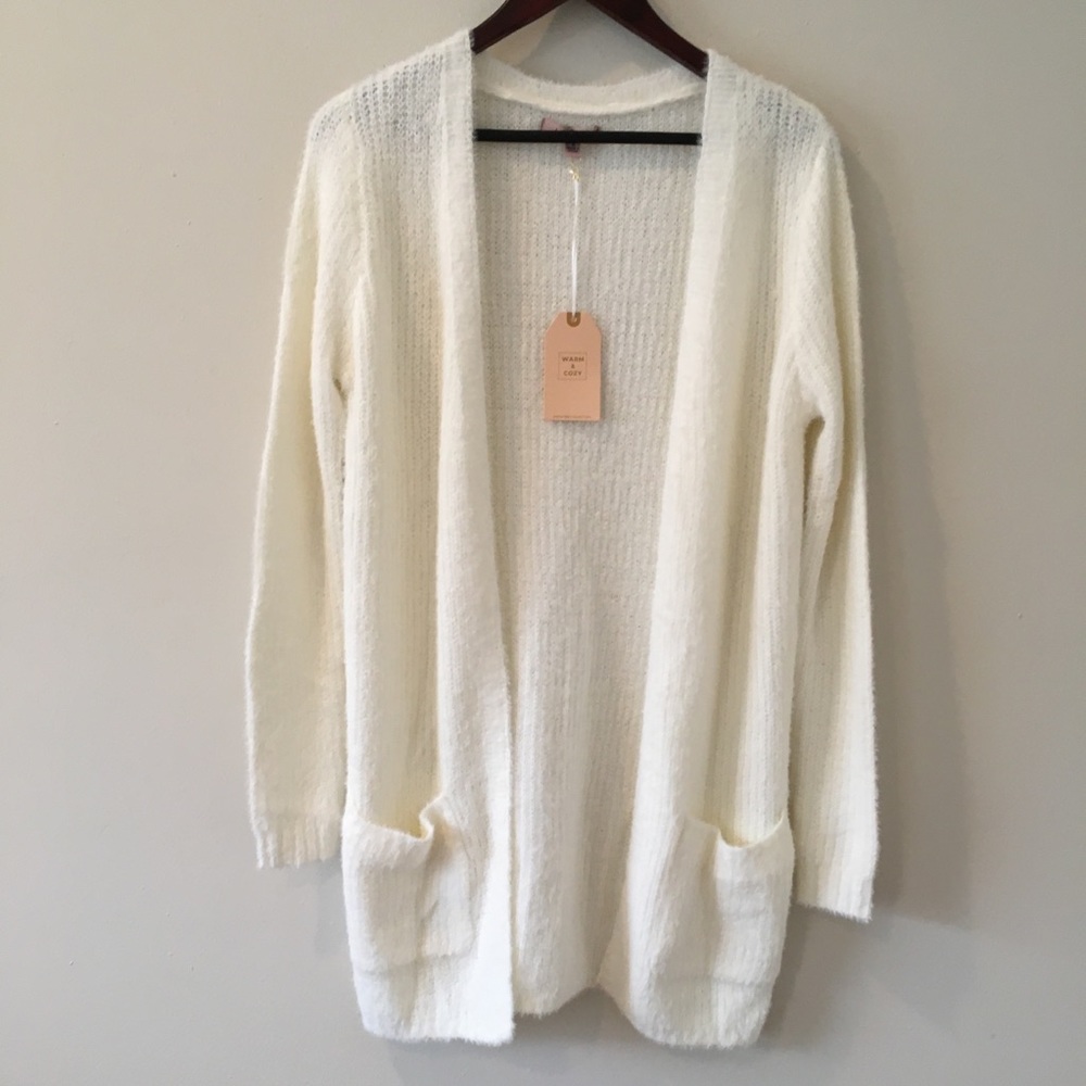 Fuzzy Cardigan Sweater Knitted Slim Fit Open Front Long Sleeve White Warm & Cozy - Picture 6 of 13